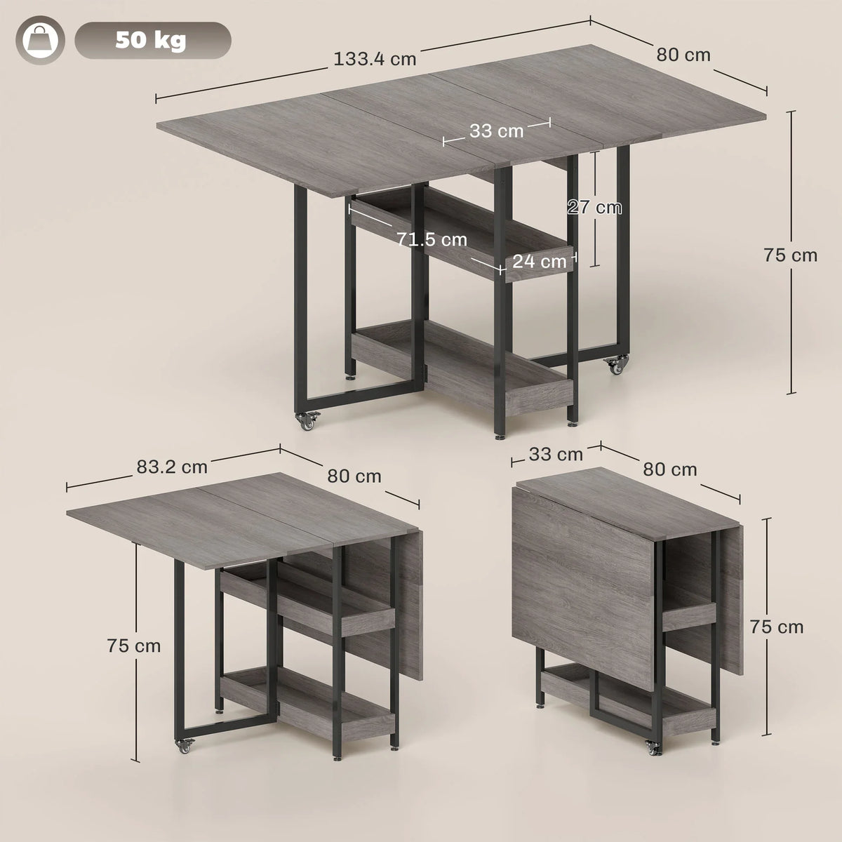 Grey wood-effect drop-leaf dining table with storage shelf and fold-out legs