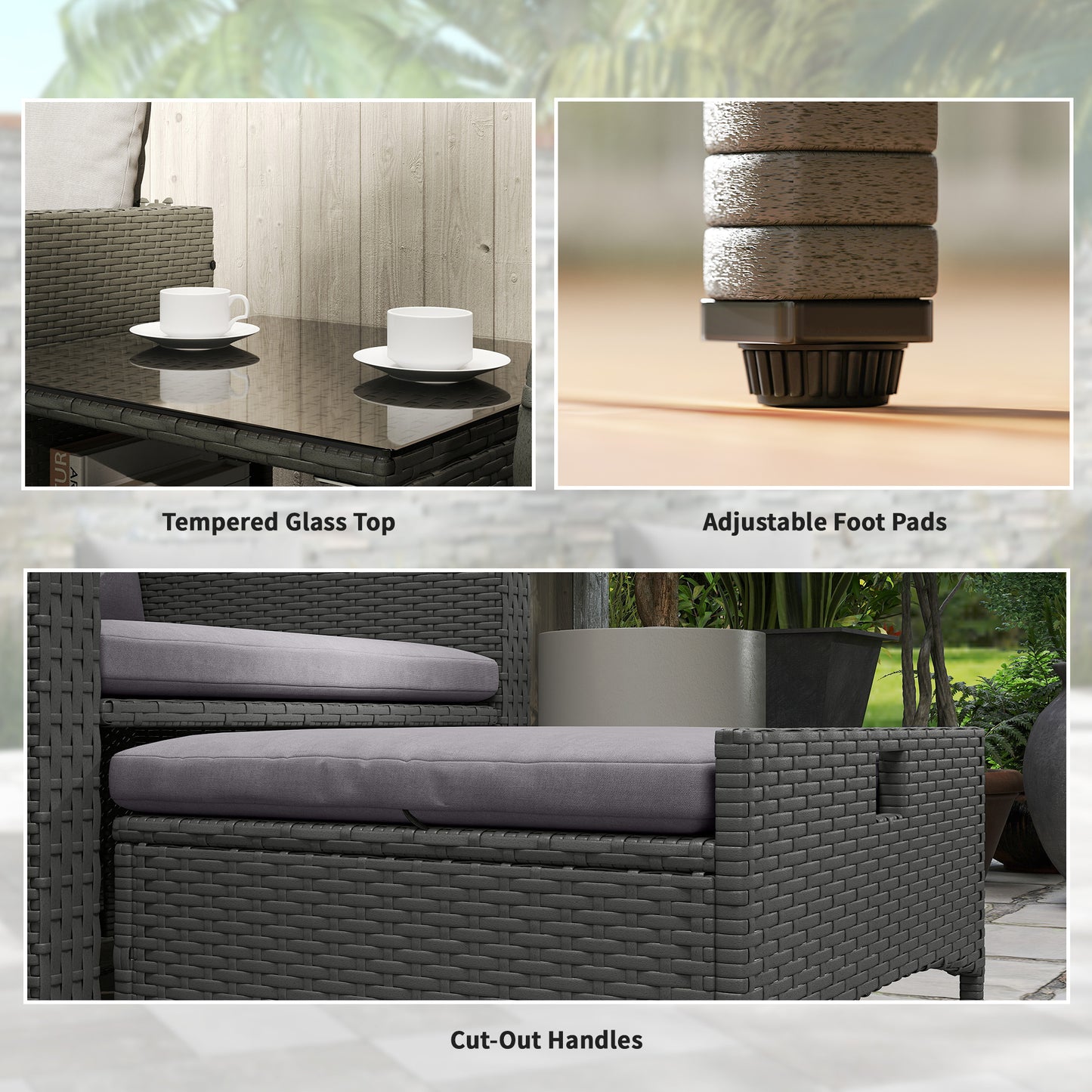 Outsunny Five Piece Rattan Outdoor Garden Furniture Set With Two Tier Coffee Table And Ottomans Grey
