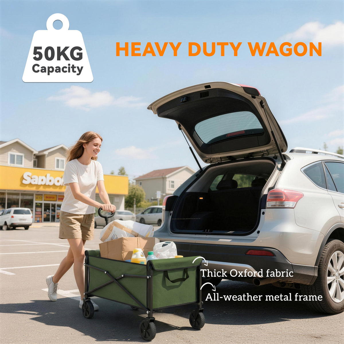 Green heavy-duty wagon cart with thick fabric sides and metal frame