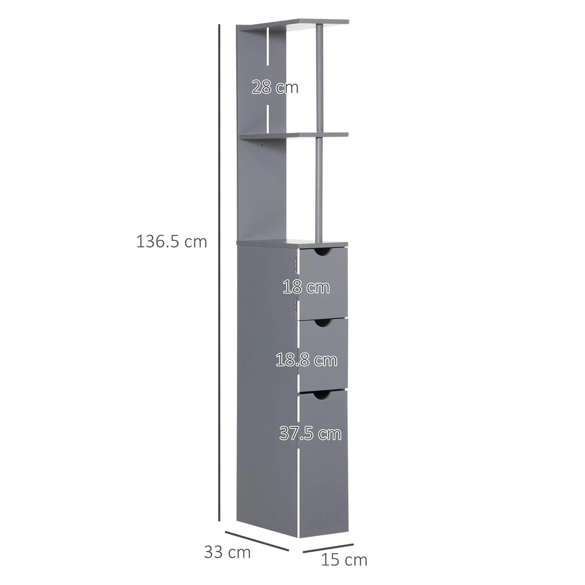 Grey tall bathroom cabinet size diagram with shelves and drawers