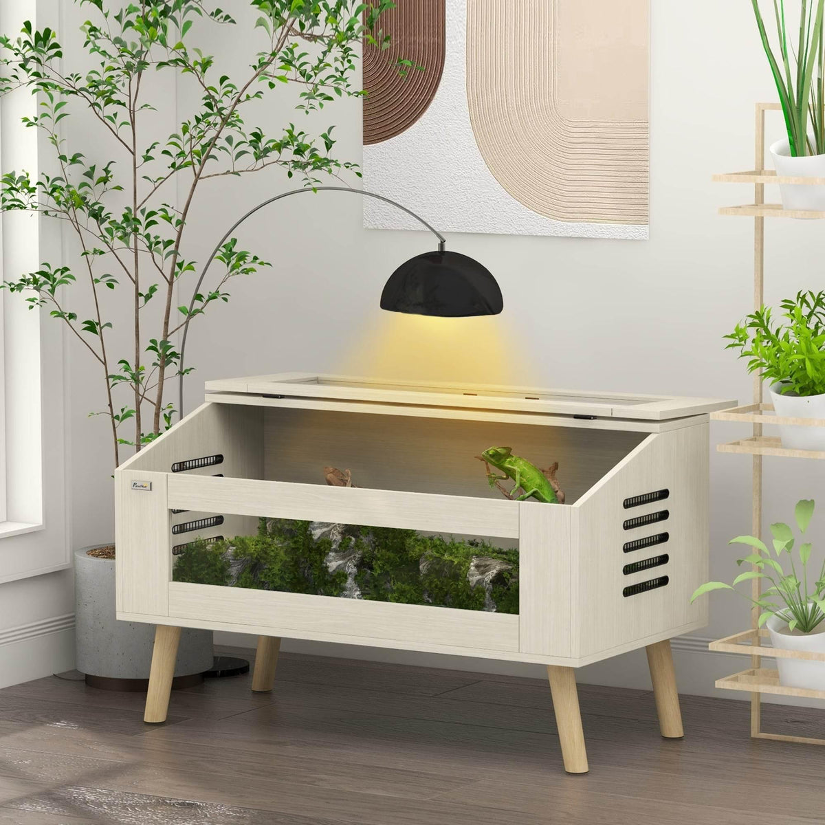 Light wood reptile habitat with front tempered glass window and side air vents