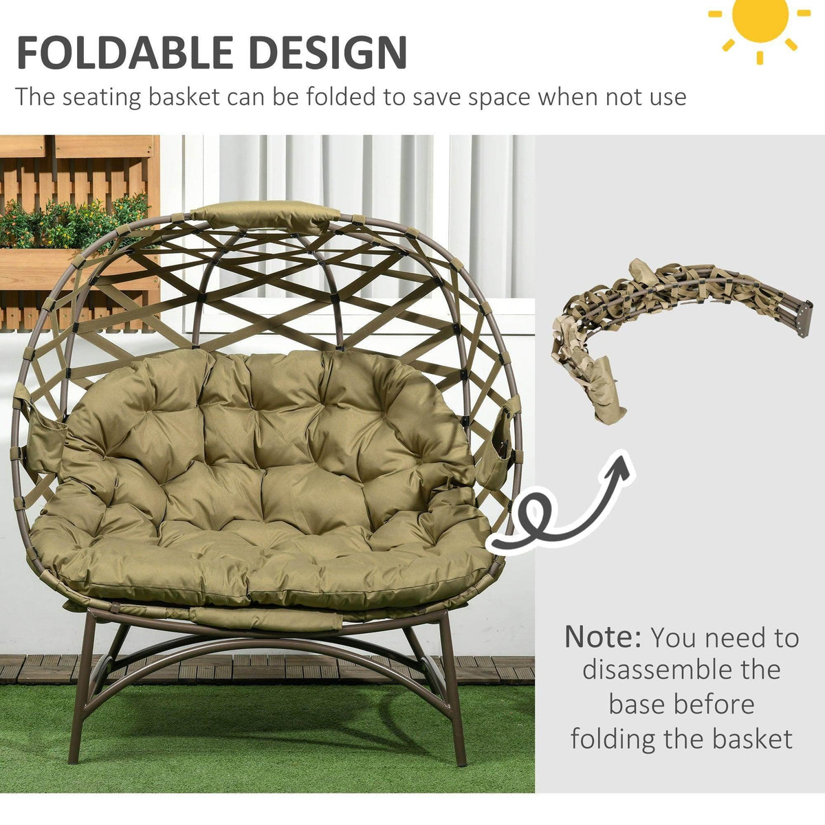 Folding khaki egg chair with woven basket frame and padded cushion, side view