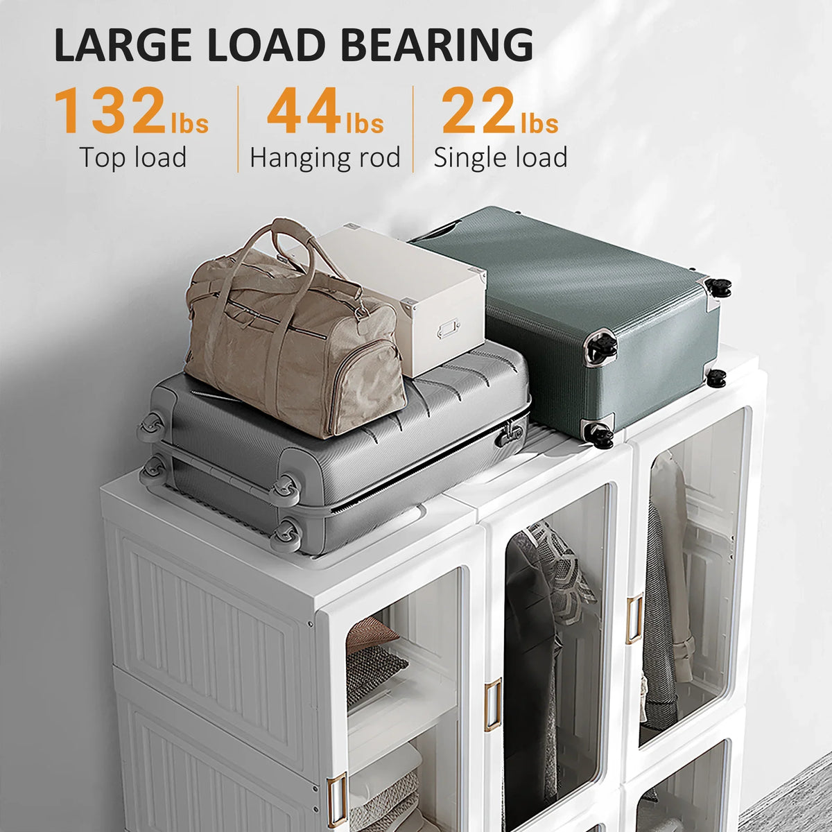White wardrobe with hanging rod and open doors, showing heavy-load top support.