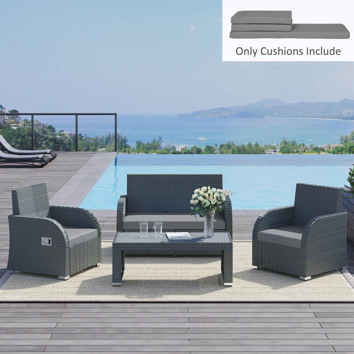 Dark grey patio seat cushion set (3 pieces) on rattan sofa chairs
