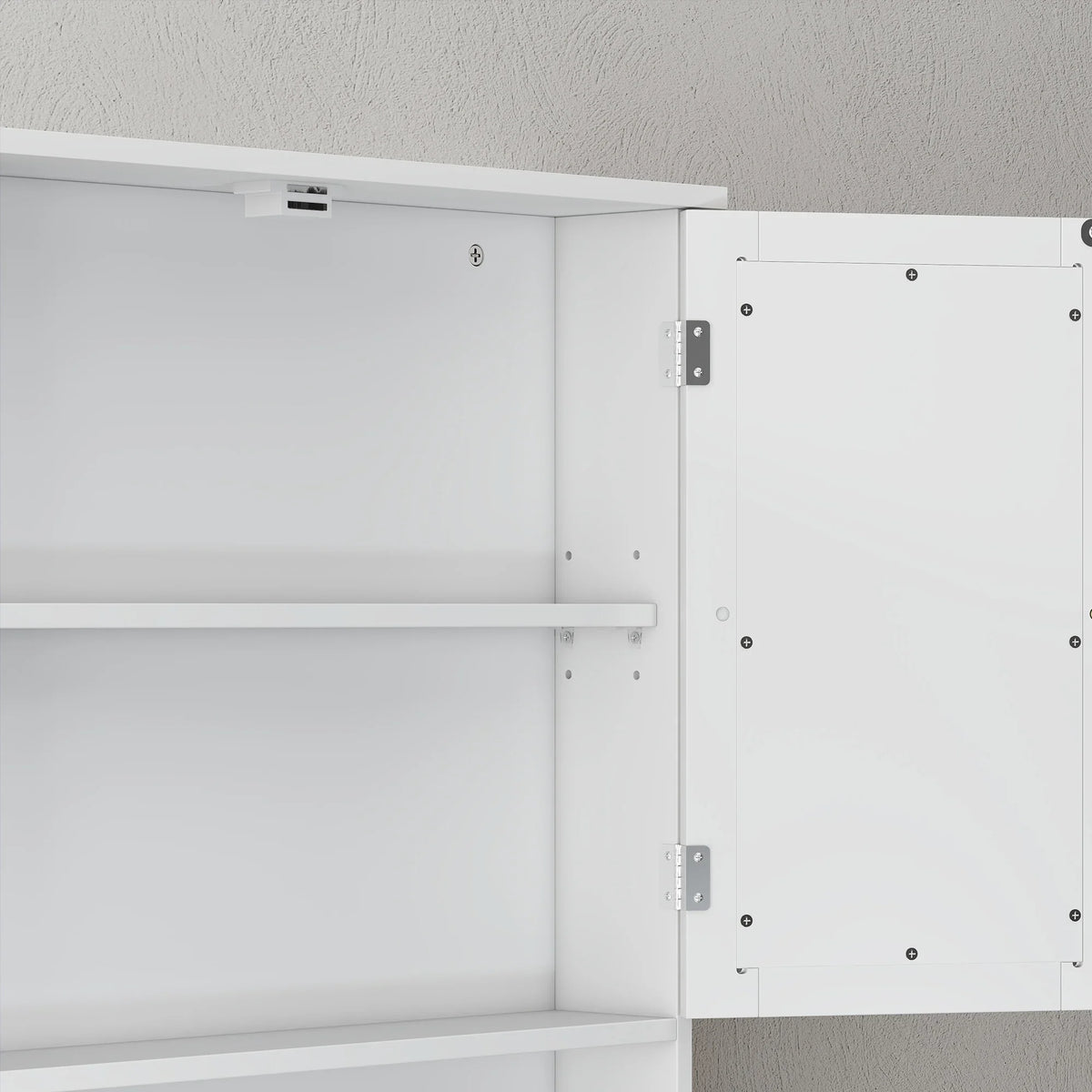 White wall-mounted cabinet door hinge with adjustable shelf compartment and mounting hardware