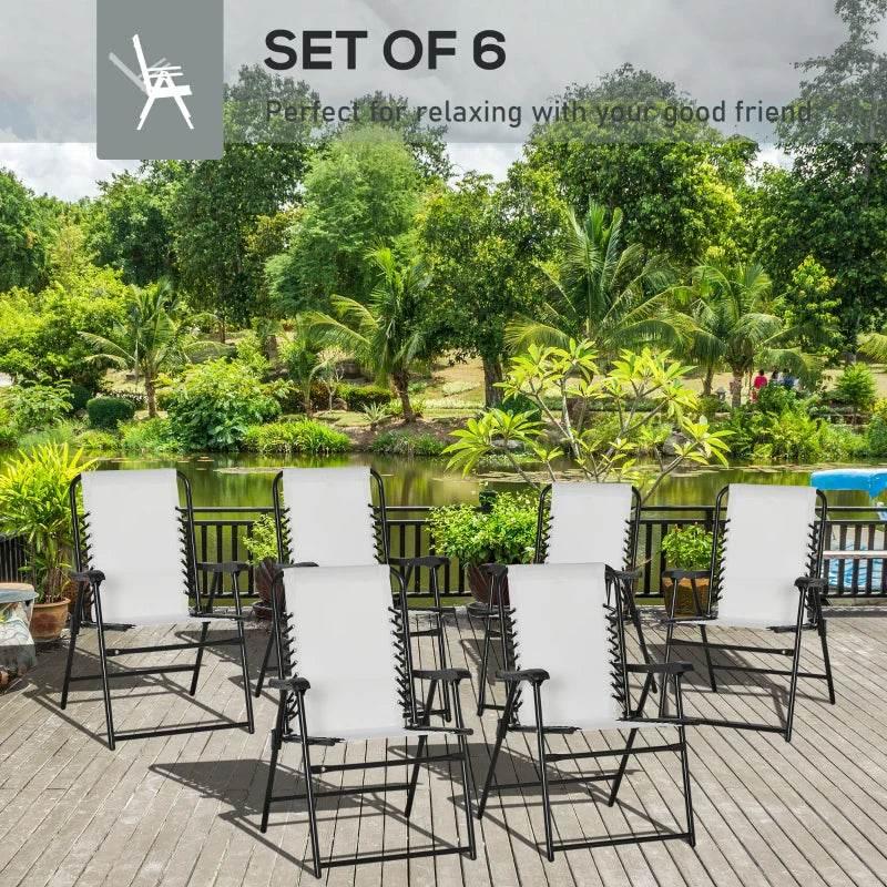 Set of 6 cream folding patio chairs with black steel frame and mesh seat/backrest