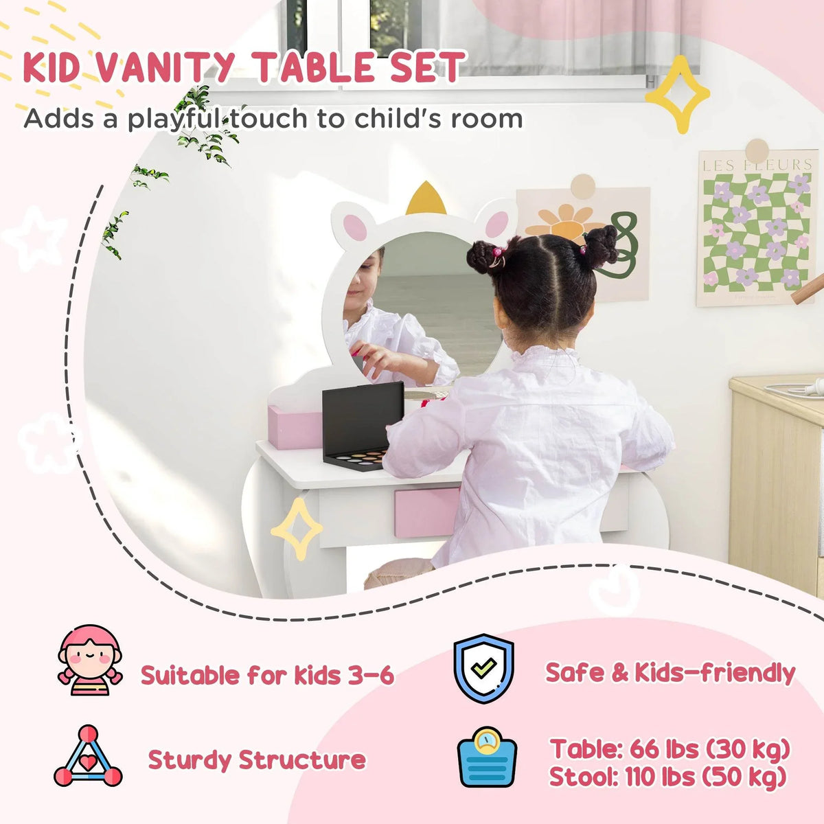 Kids vanity table set with round mirror and pink drawer, plus matching stool