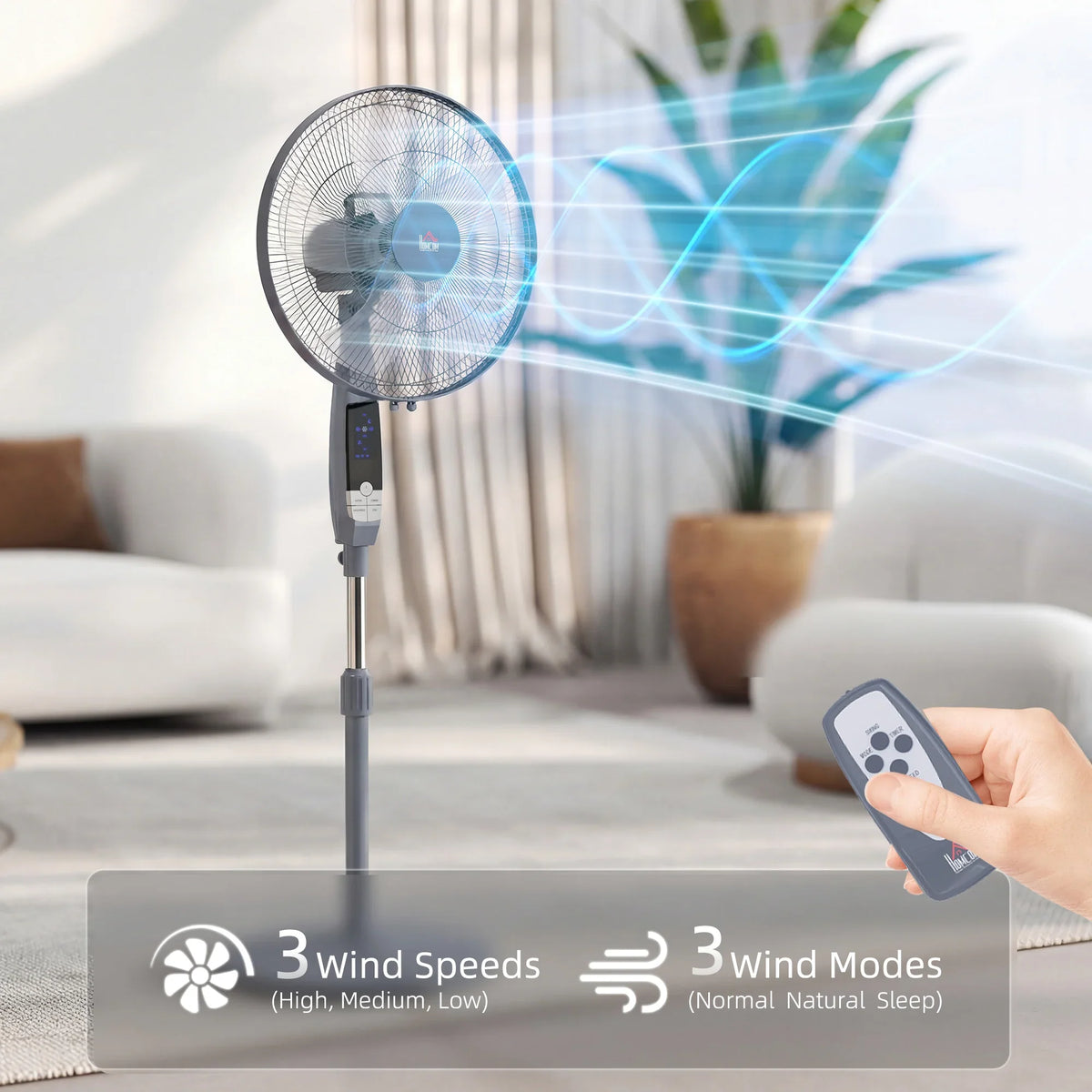 Grey pedestal floor fan with remote control and airflow motion effect toward seating