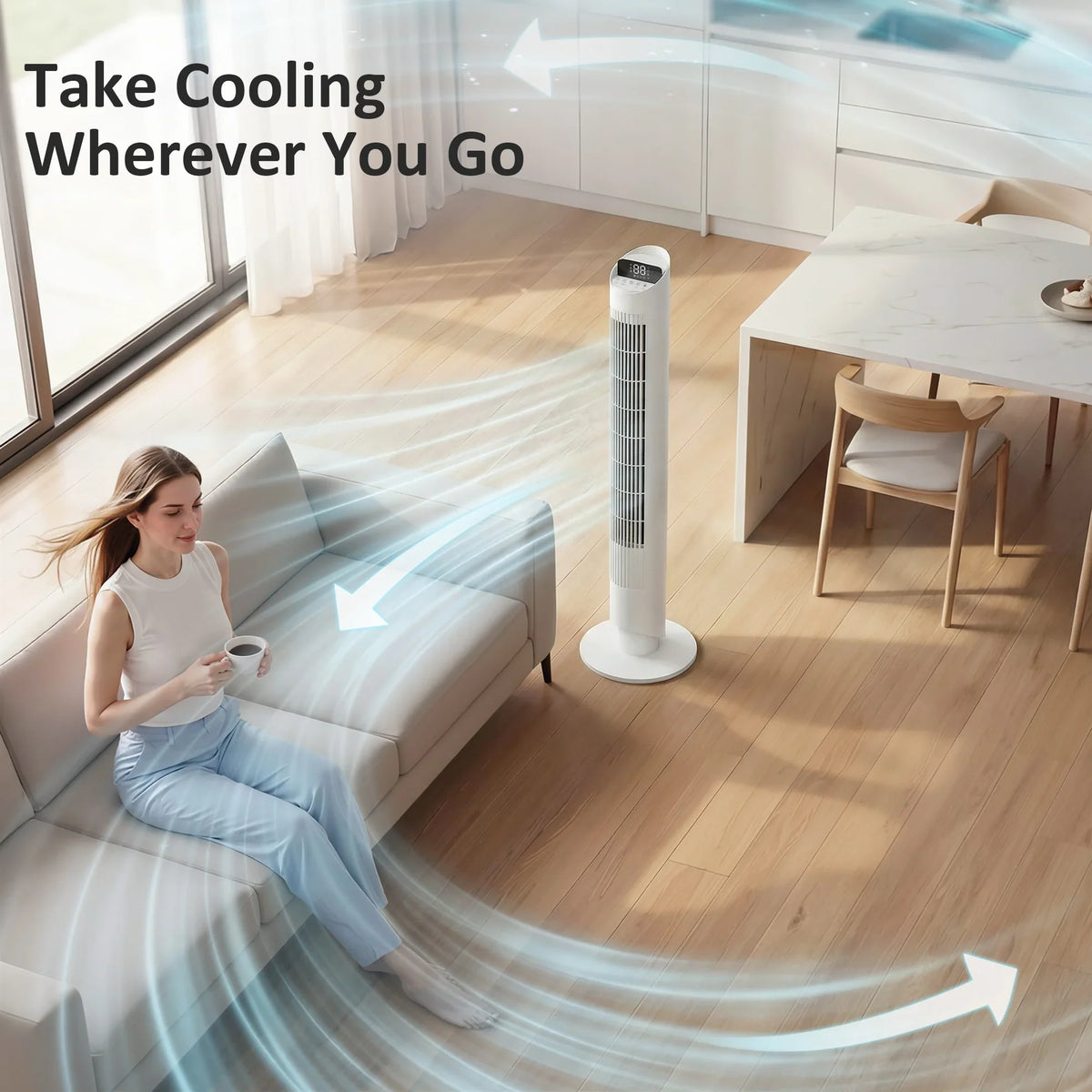 White tower fan with wide airflow sweeping from the stand