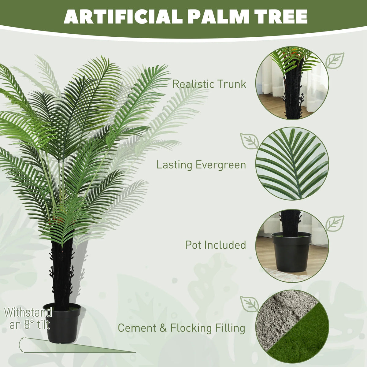 Artificial palm tree in black pot with full green fronds and textured flocked soil base
