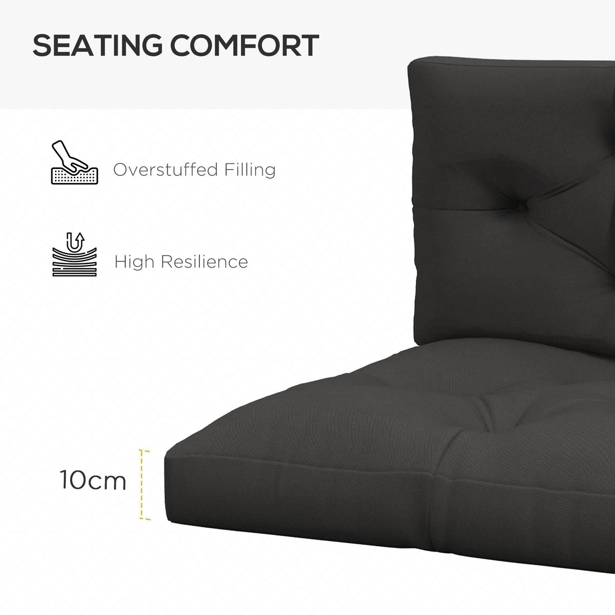 Charcoal grey outdoor pallet seat cushion with tufted backrest and 10 cm overstuffed fill