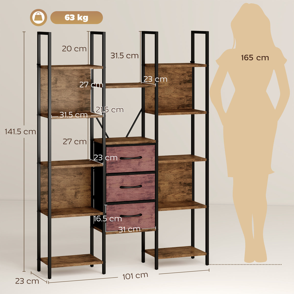 Homcom 5 Tier Bookshelf With Drawers And Open Shelves Brown