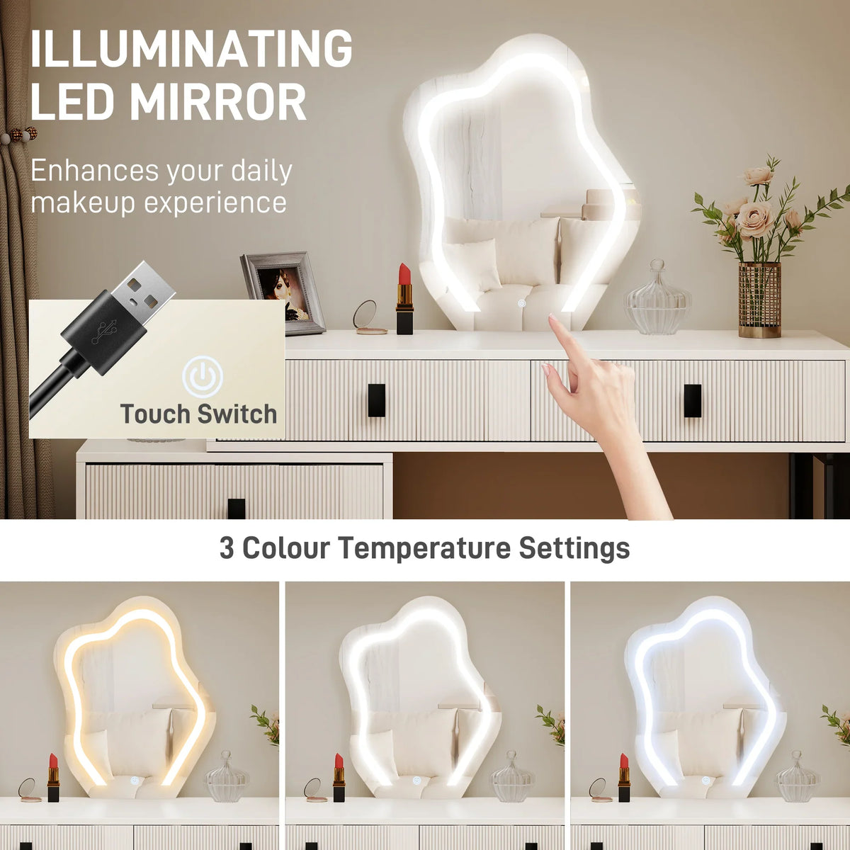 White vanity desk with illuminated leaf-shaped mirror, drawer storage and LED lighting