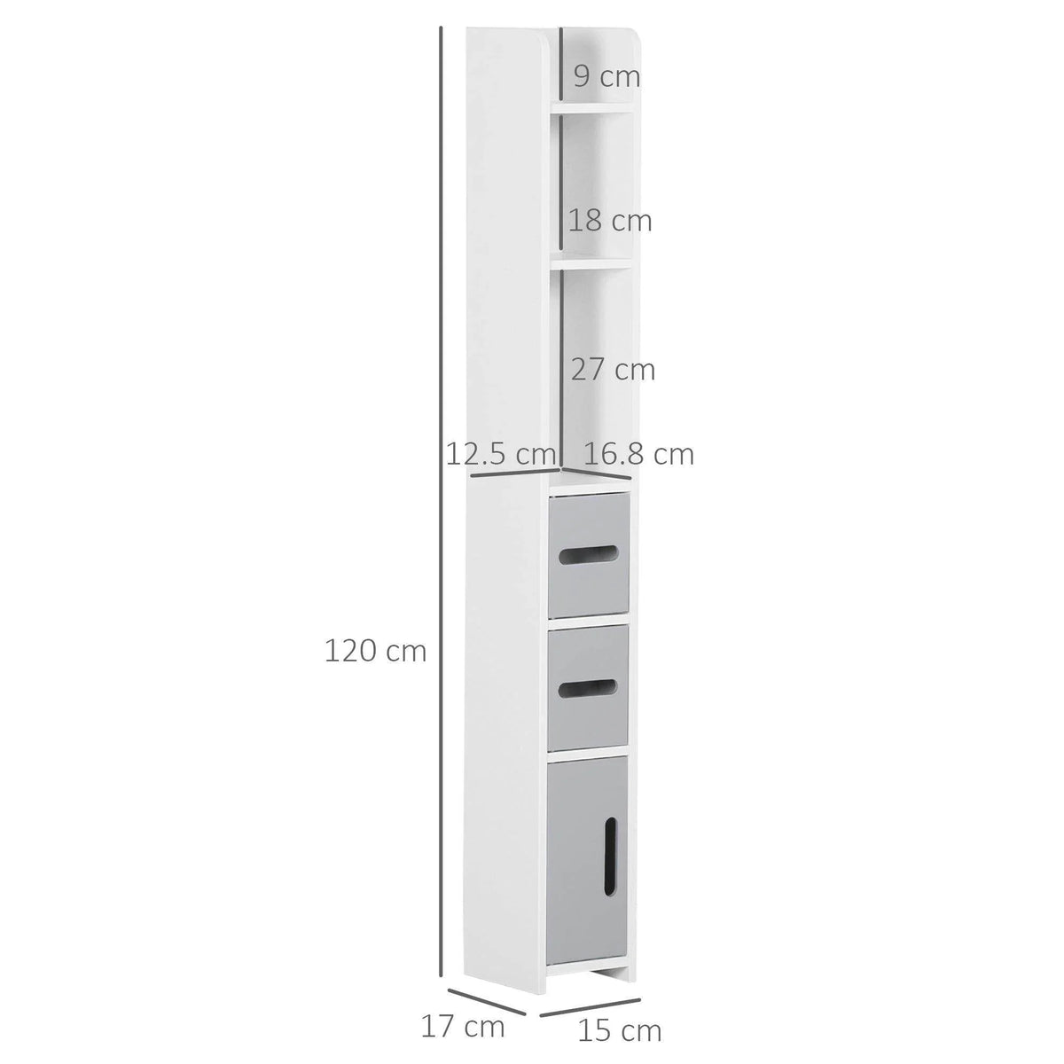 Tall grey bathroom storage cabinet with shelves and 3 door compartments, measurements shown
