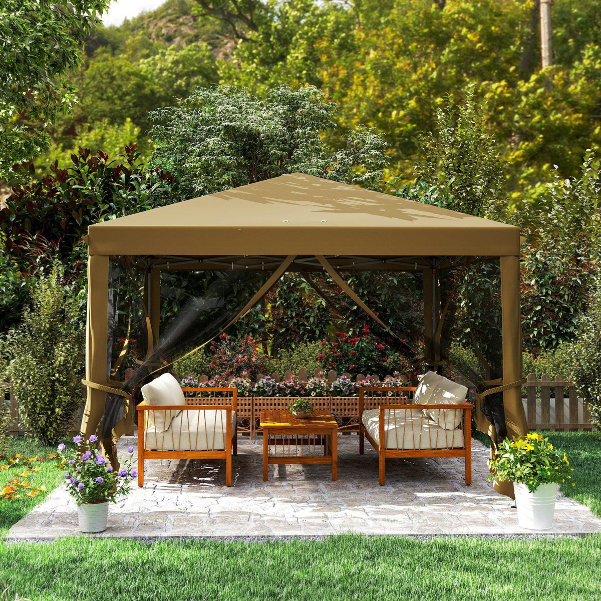 Khaki pop-up gazebo with mesh side panels over outdoor dining furniture
