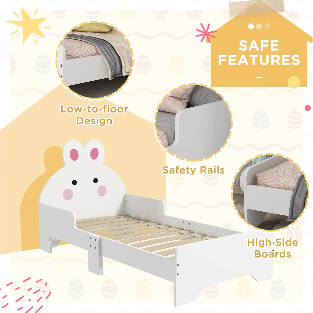 White toddler bed frame with tall side boards and bunny-shaped headboard