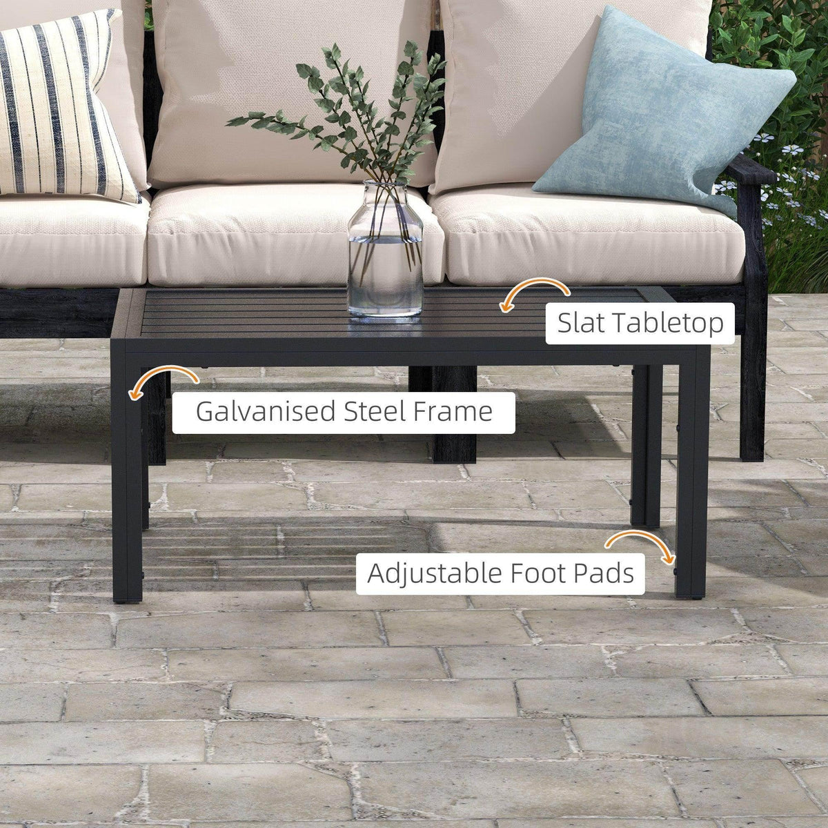 Black outdoor side table with galvanized steel frame and adjustable foot pads