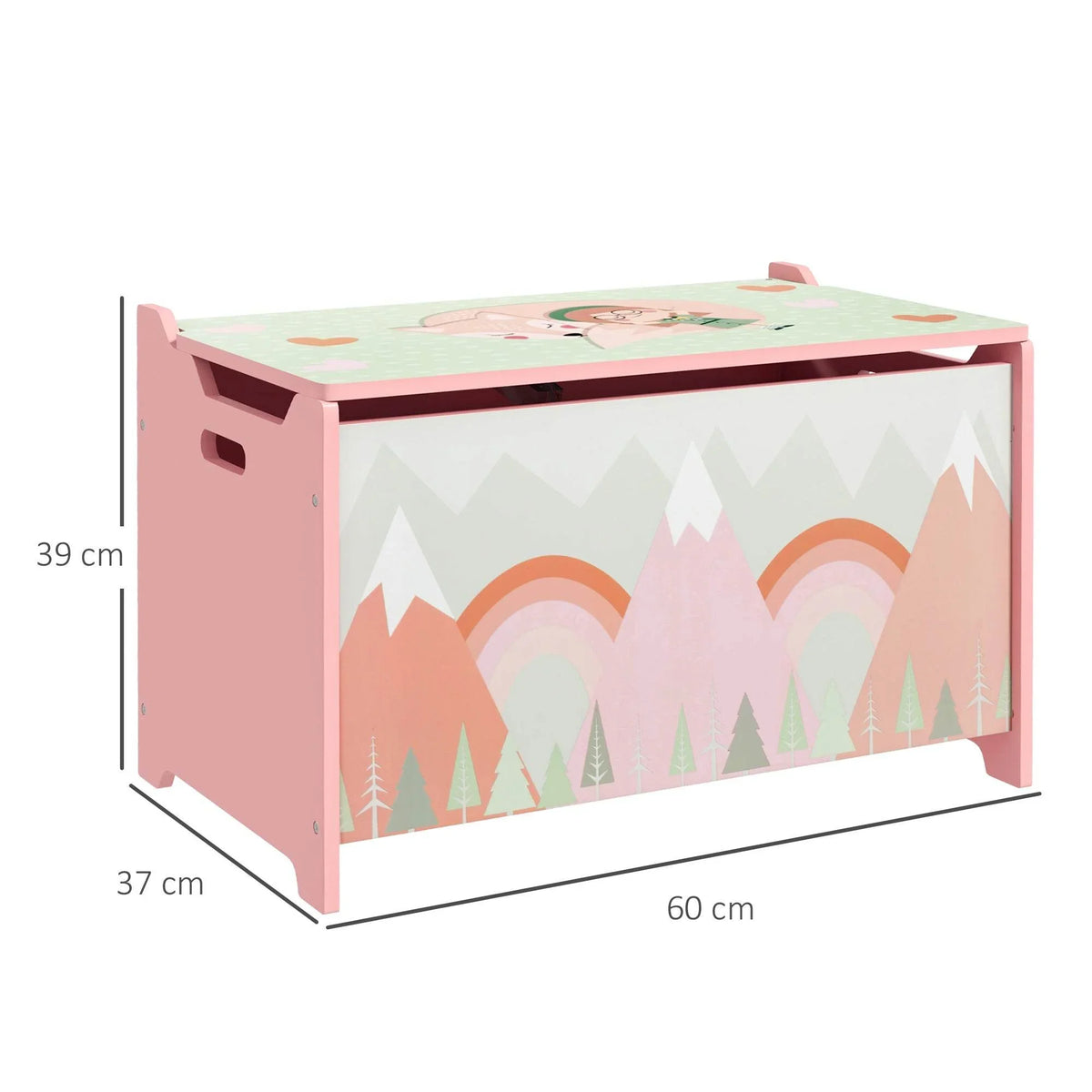 Pink kids toy storage box with handle cutouts and mountain rainbow printed sides
