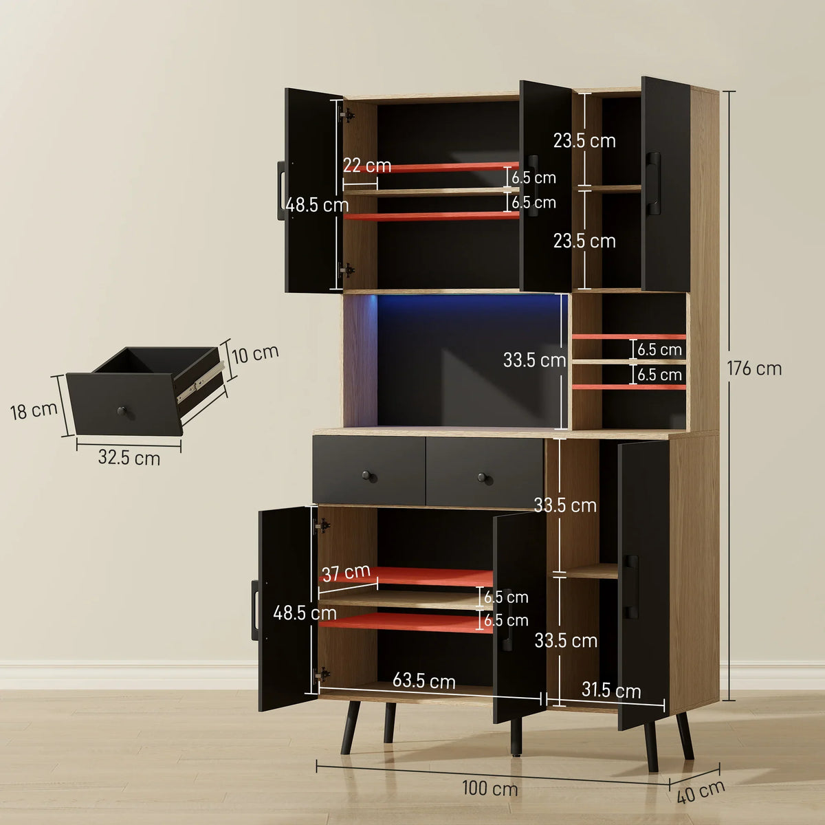 Kitchen cupboard dimensions diagram with oak side panels and black cabinet doors