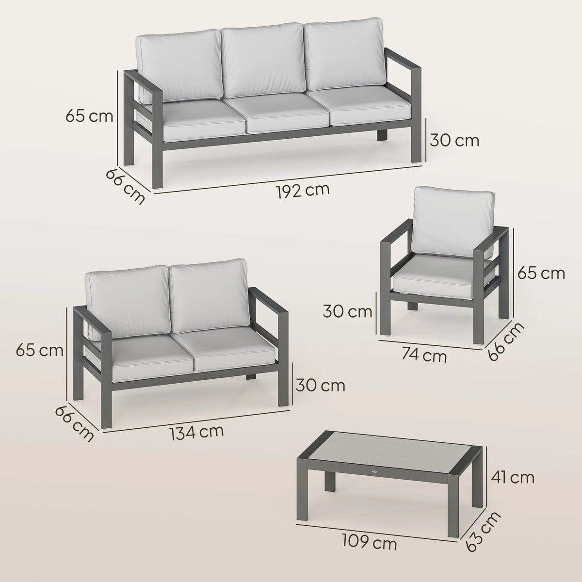Aluminium patio set with sofa, two chairs, and slatted coffee table; light grey cushions