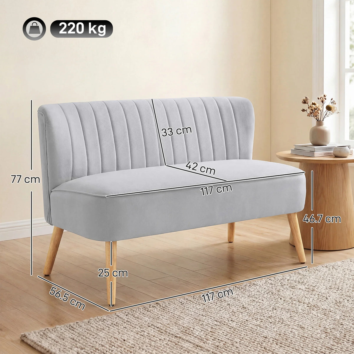 Light grey double-seat sofa with vertical channel back and wooden legs; 117 cm length