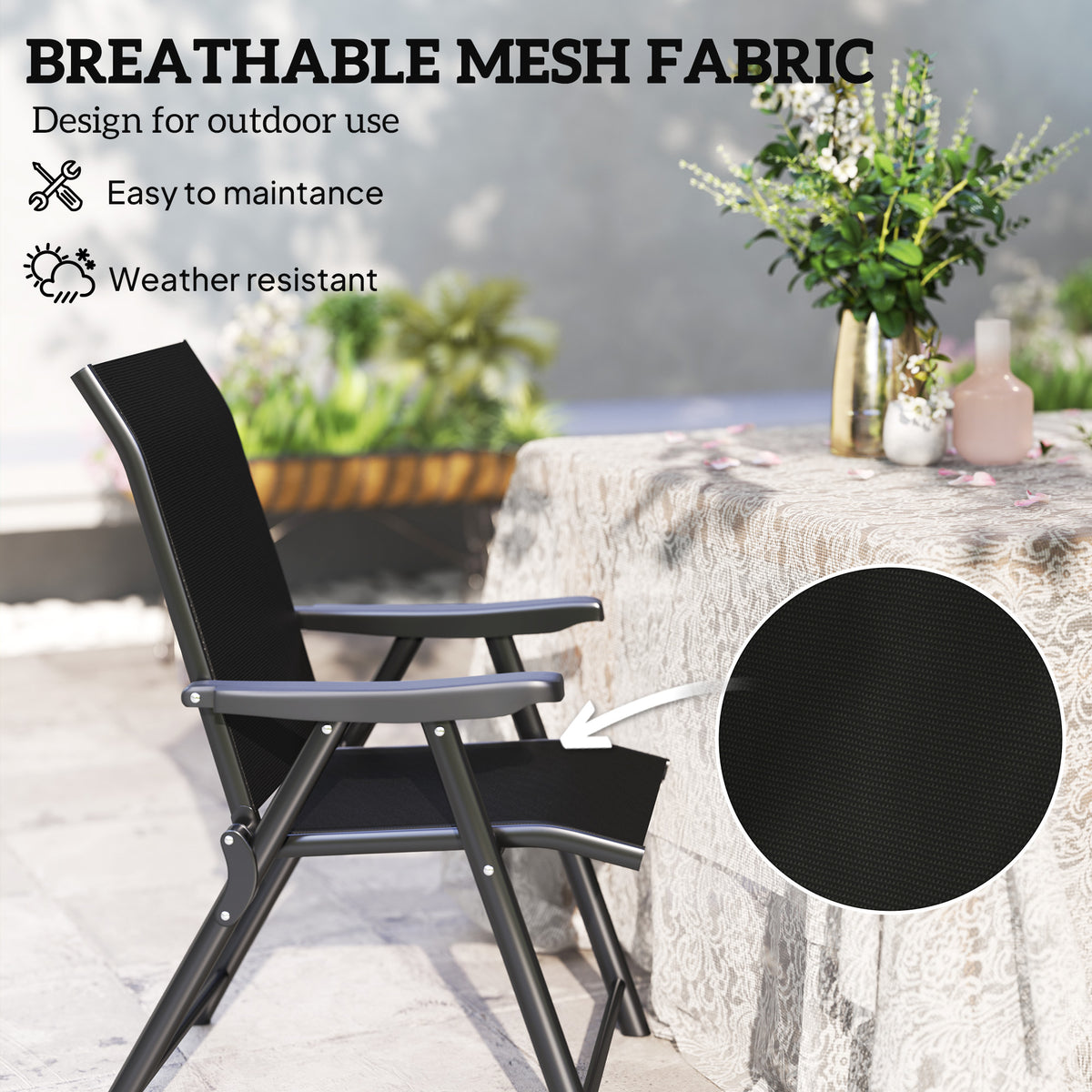 Black folding chair with breathable mesh back and seat, armrests, steel frame