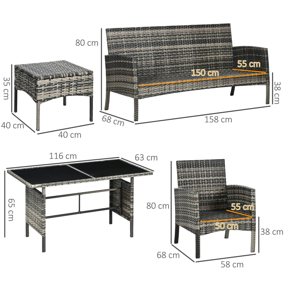 Rattan seating set size diagram: sofa, armchairs, footstools, and glass coffee table
