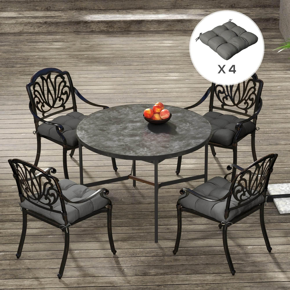 Charcoal grey 4-piece outdoor chair cushion set with tufted quilted seat pads