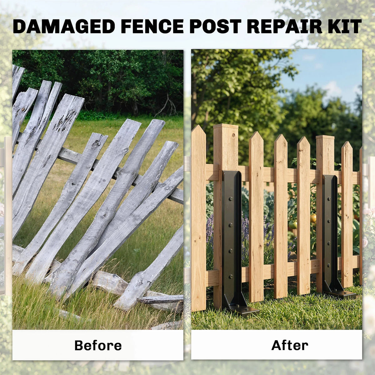 Fence post repair kit reinforcing damaged wooden fence with black support spikes