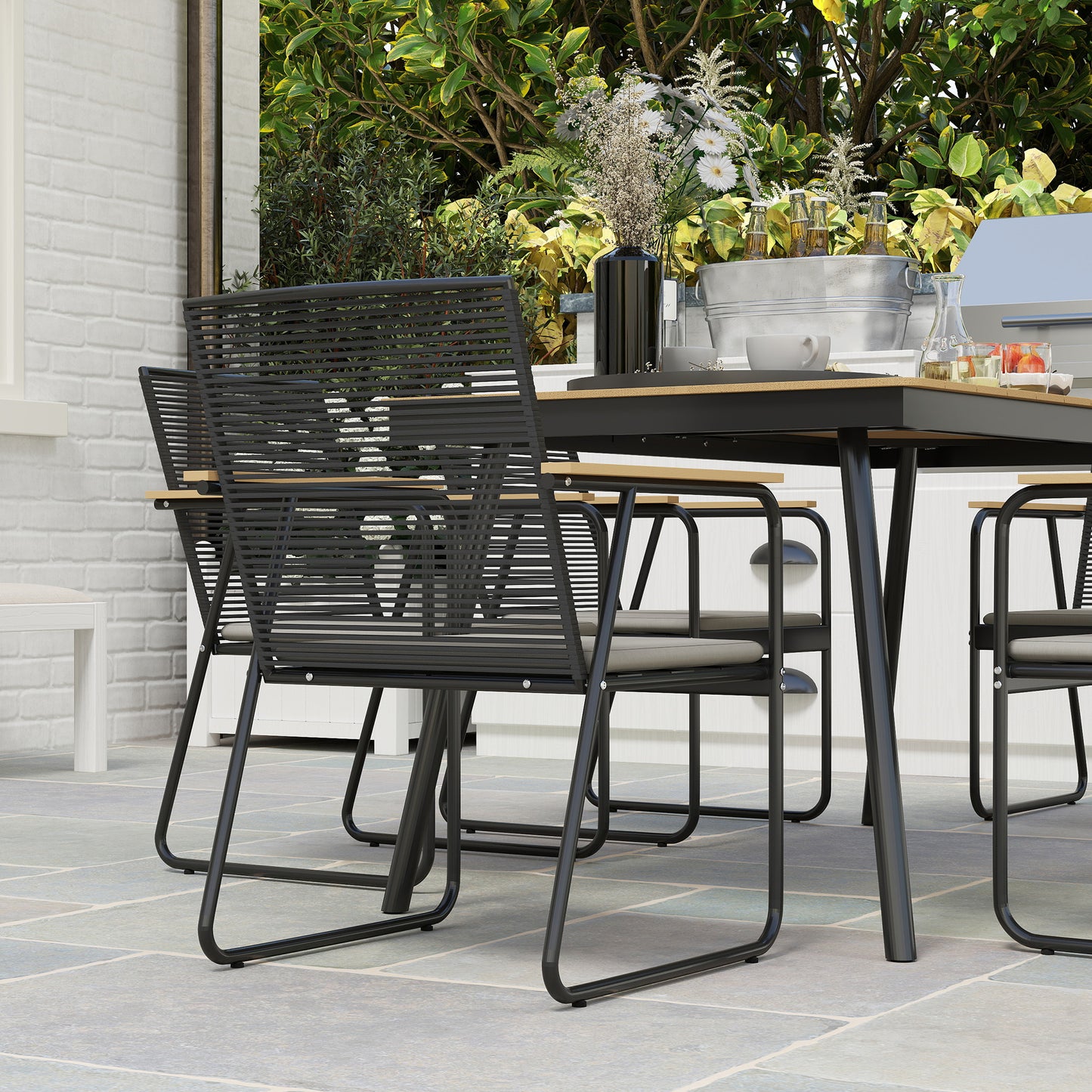 Outsunny 6 Seater Garden Dining Set With Cushions And Rattan Backrests Rectangular Plastic Top Outdoor Patio Furniture