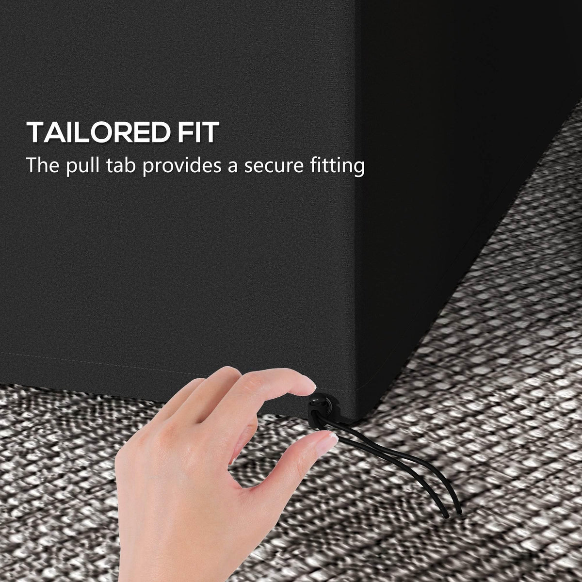 Dark grey swing chair cover corner with pull-tab cord and secured fabric edge