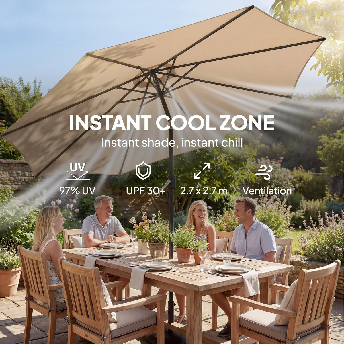 Khaki patio table umbrella open over a garden dining set with people seated