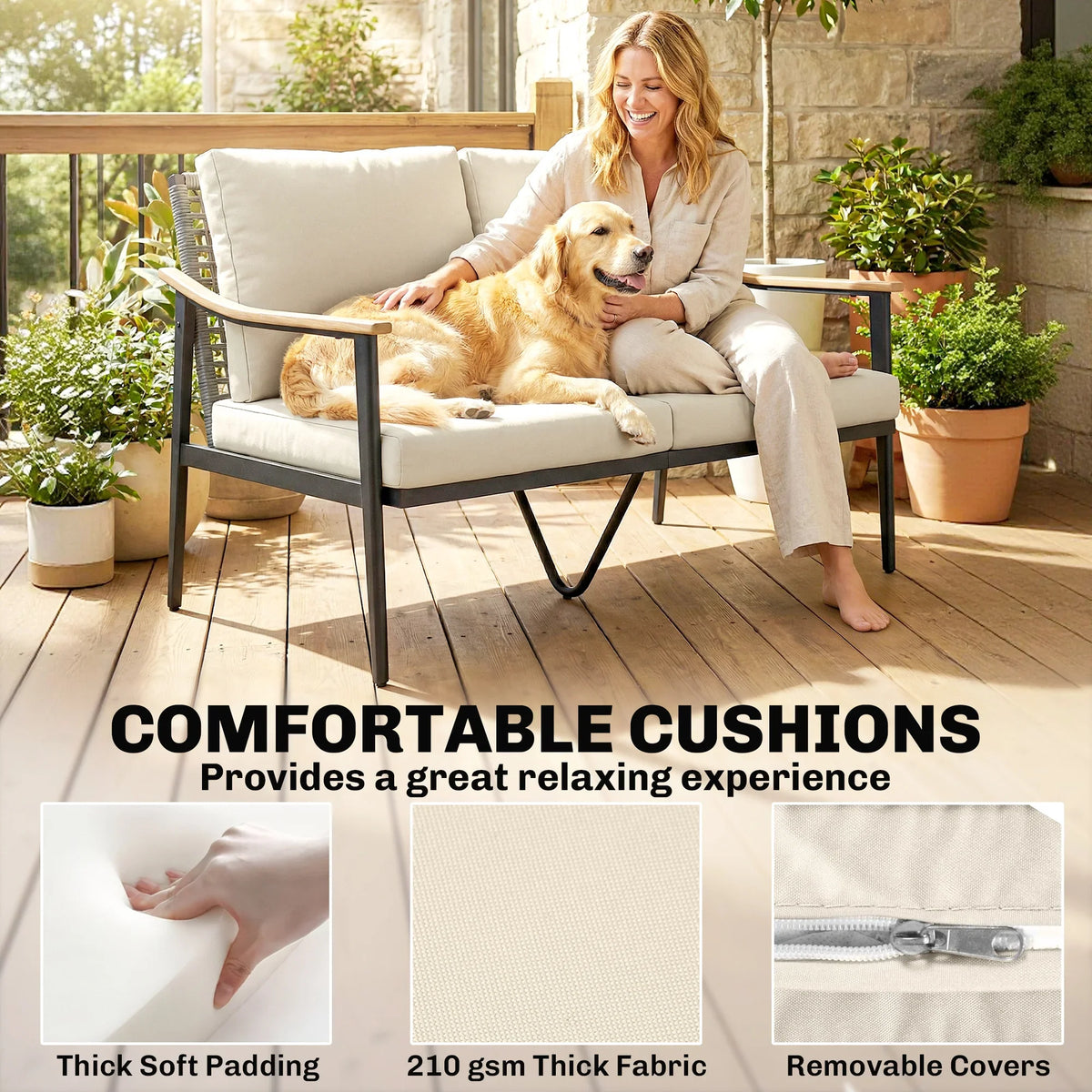 Outdoor rattan 2-seater sofa with beige cushions and dark wood-effect armrests