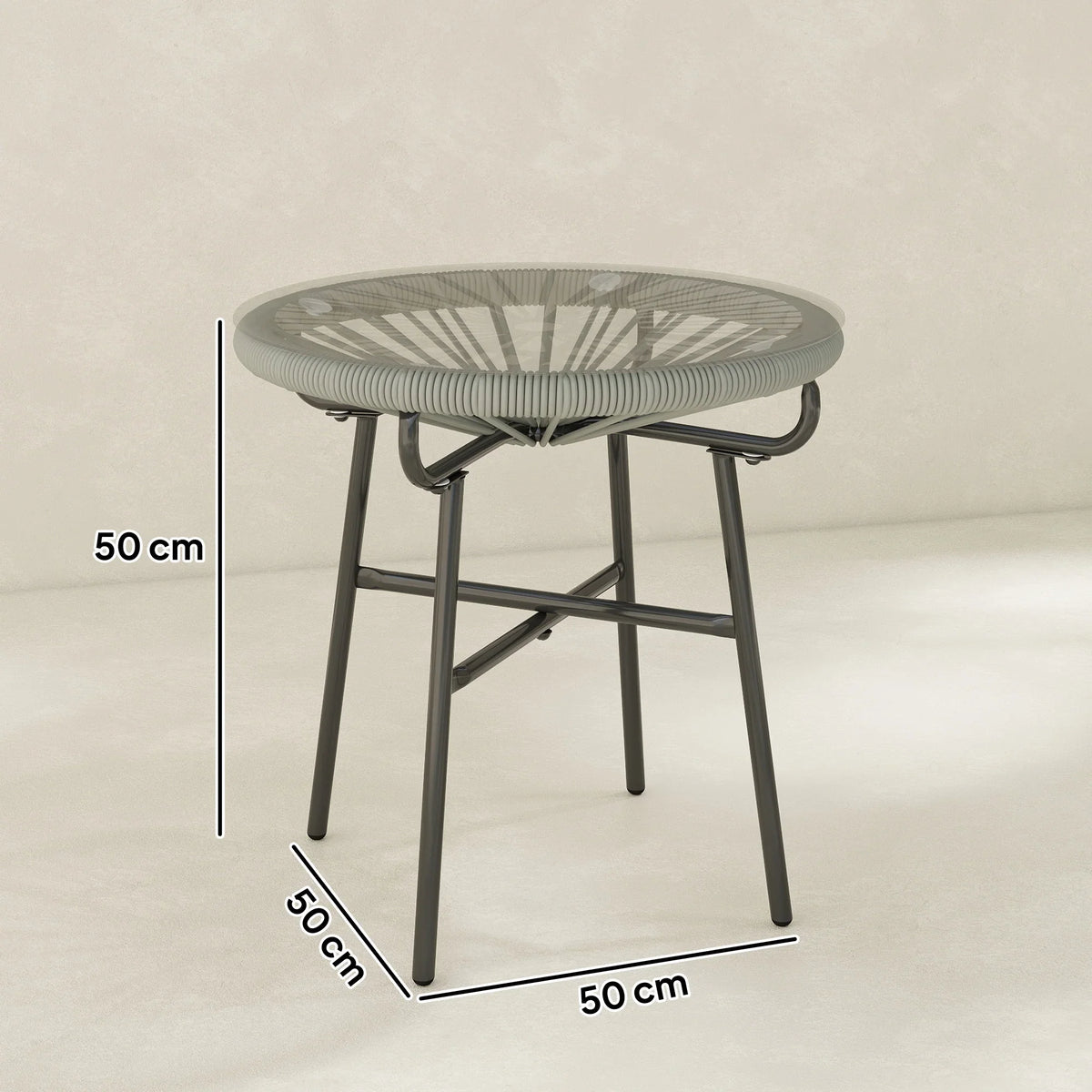 Round rattan side table with tempered glass top, 50 cm height and 50 cm size