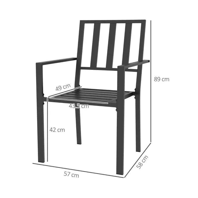 Black outdoor dining chair with high slatted backrest and slatted seat, metal frame