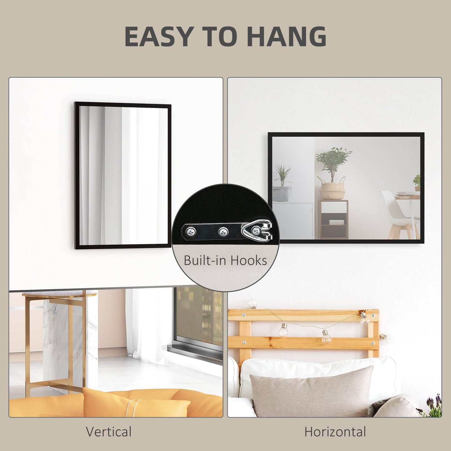 Black-framed wall mirror with built-in hooks, install vertical or horizontal