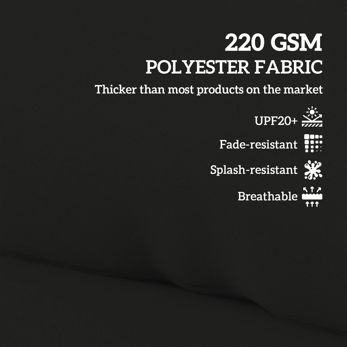 Black cushion set with 220 GSM polyester fabric; fade- and splash-resistant
