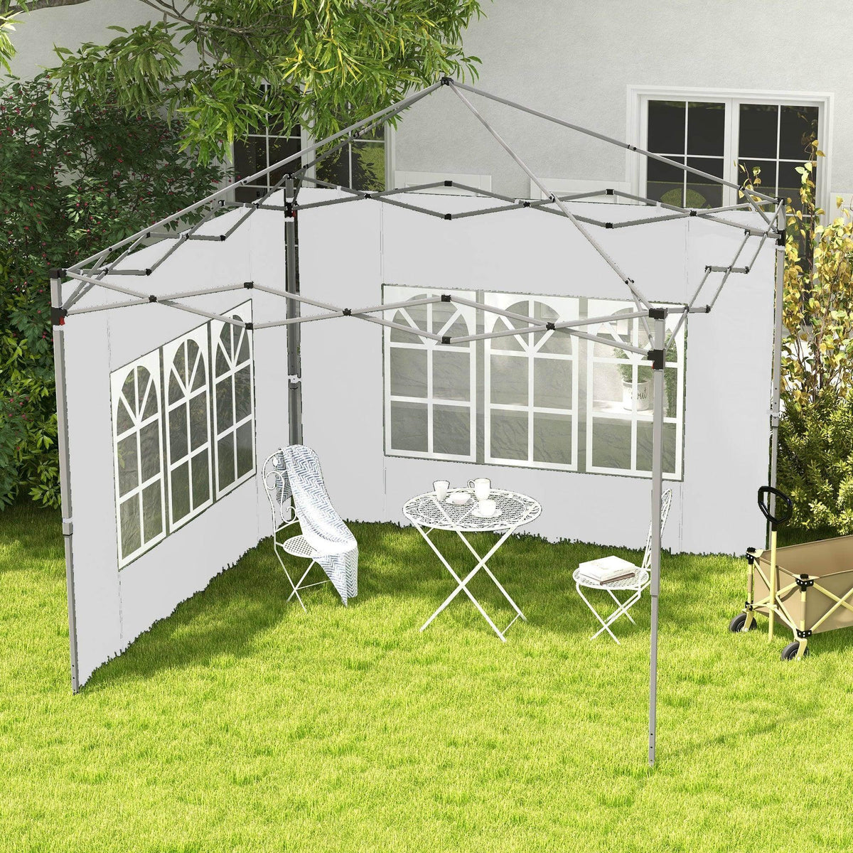 White gazebo side panels set with window-style panels and open-frame attachment bars