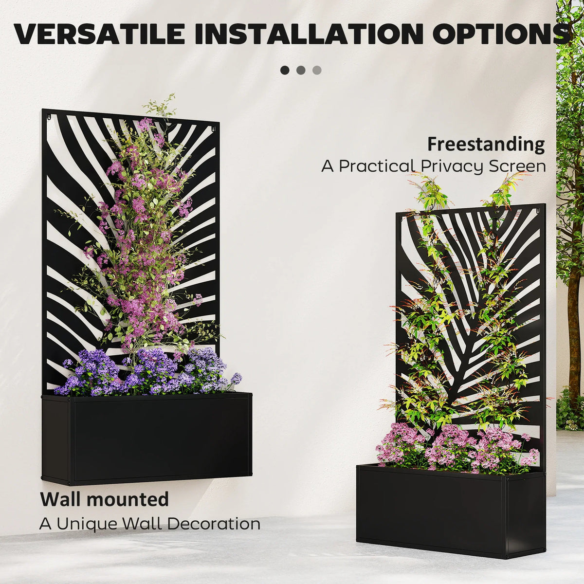 Black trellis privacy screen garden bed shown wall mounted and freestanding