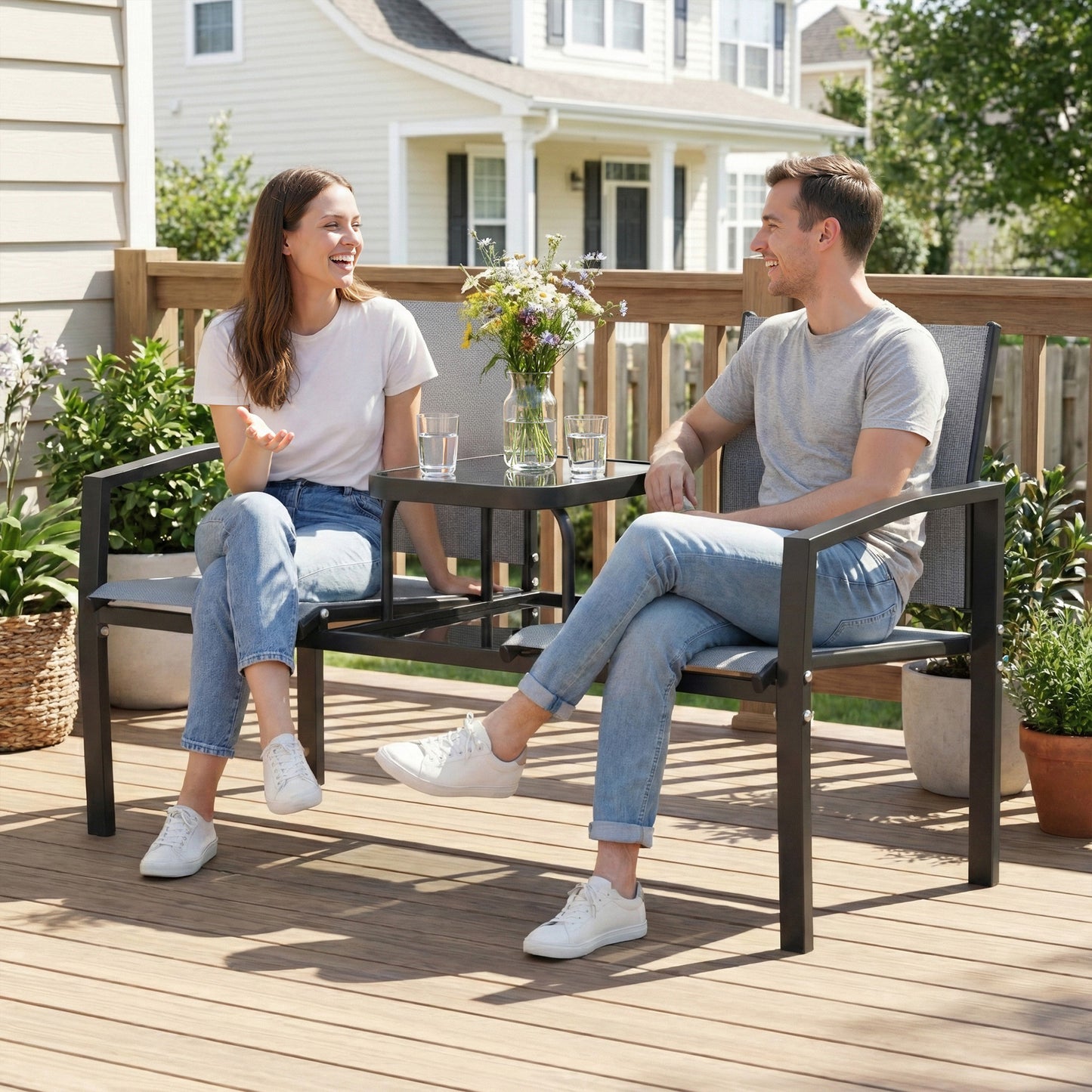 Outsunny Garden Love Seat 2 Seater Jack And Jill Loveseat With 2 Tier Glass Table Breathable Texteline Grey