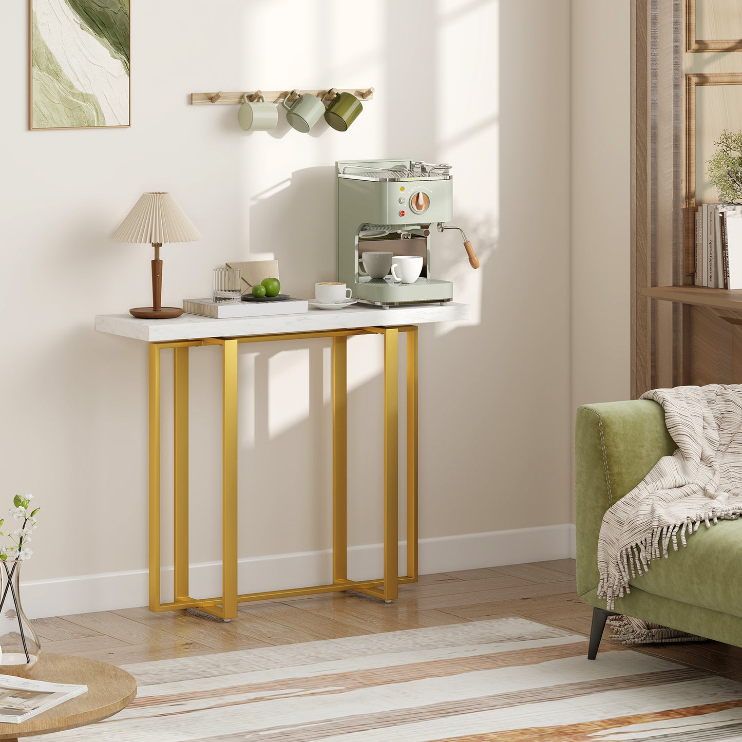 HOMCOM Console Table With Faux Marble Top 100 Cm Narrow Entryway Table Anti Tipping Device Steel Frame White