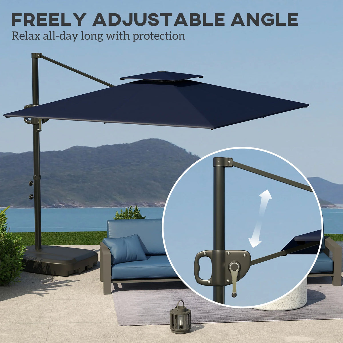Dark blue cantilever patio parasol with adjustable tilt arm and weighted base
