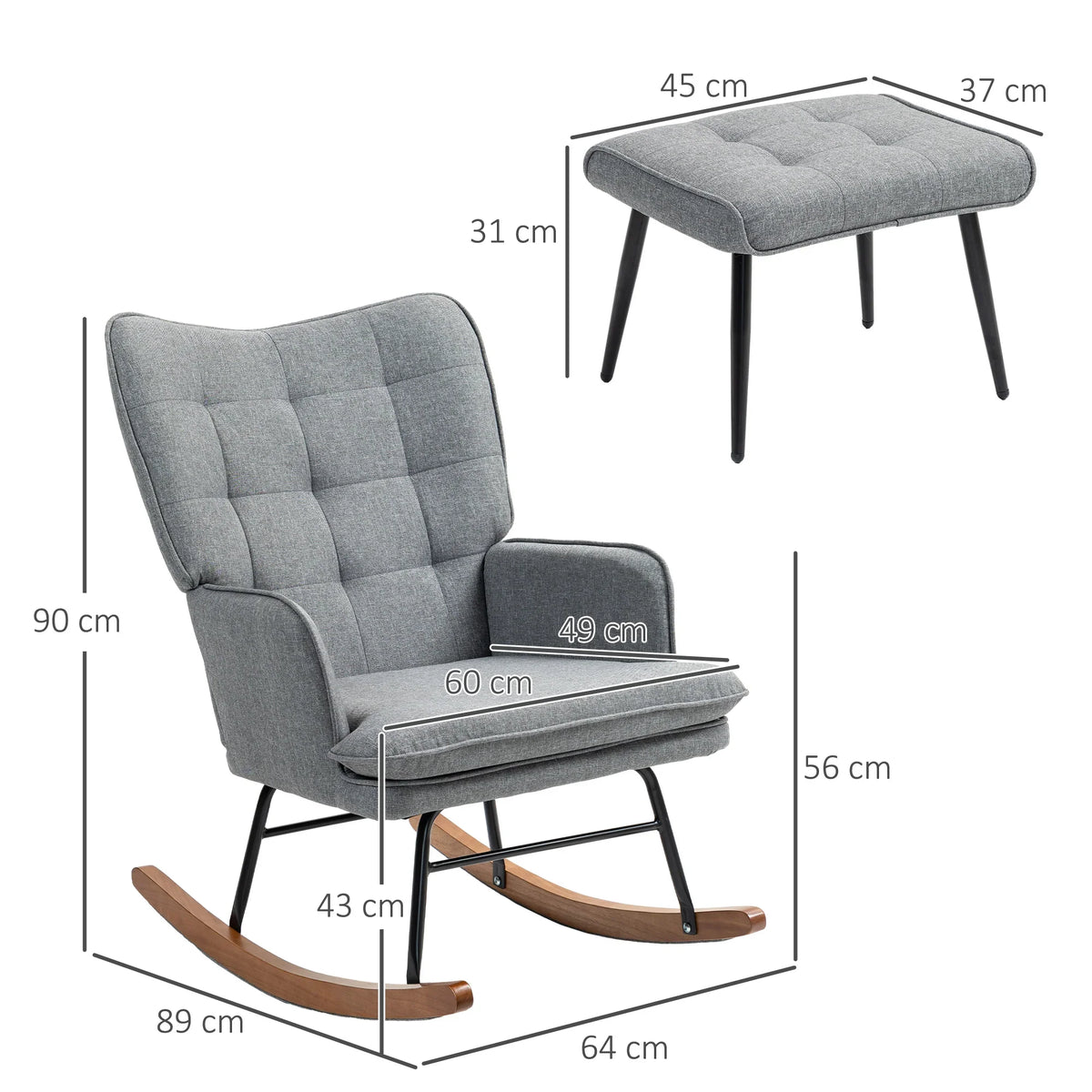 Grey rocking chair and ottoman set size diagram, padded upholstery, wooden rocking base