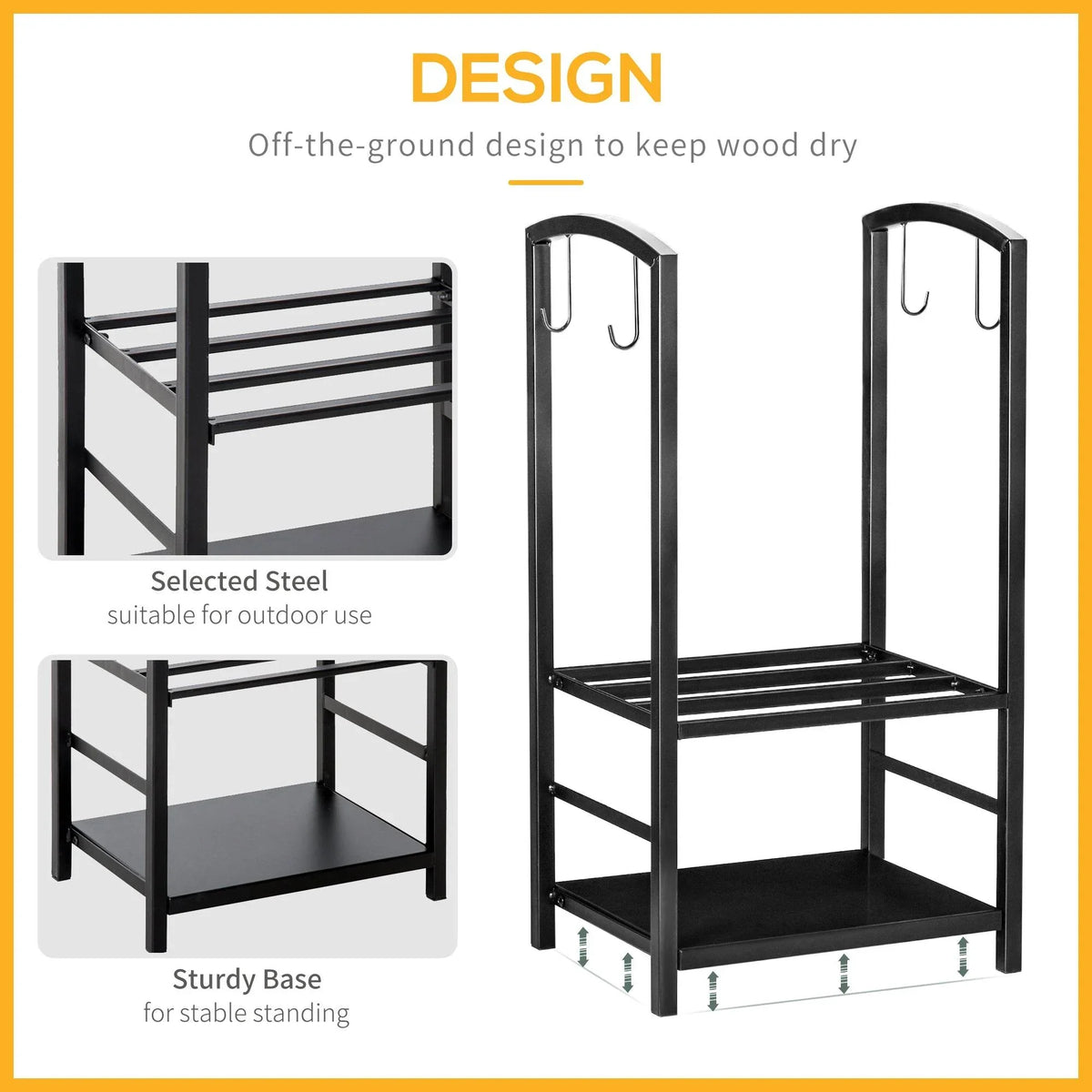 Black steel firewood log rack with sturdy base and integrated hanging tool hooks
