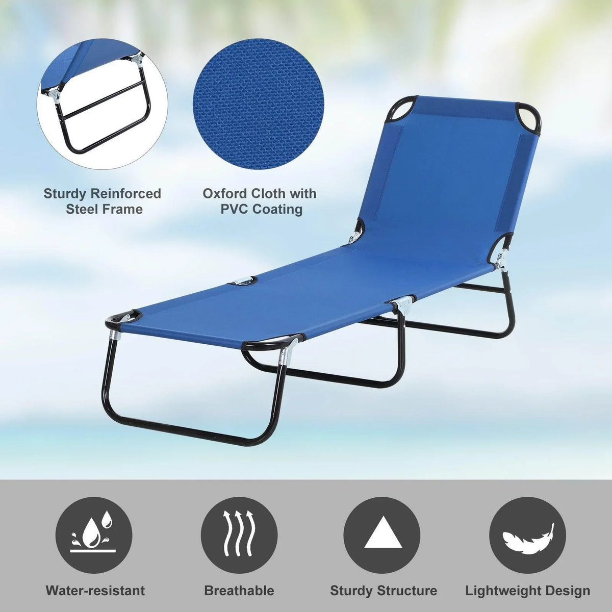 Blue foldable sun lounger with adjustable recline backrest, black steel frame