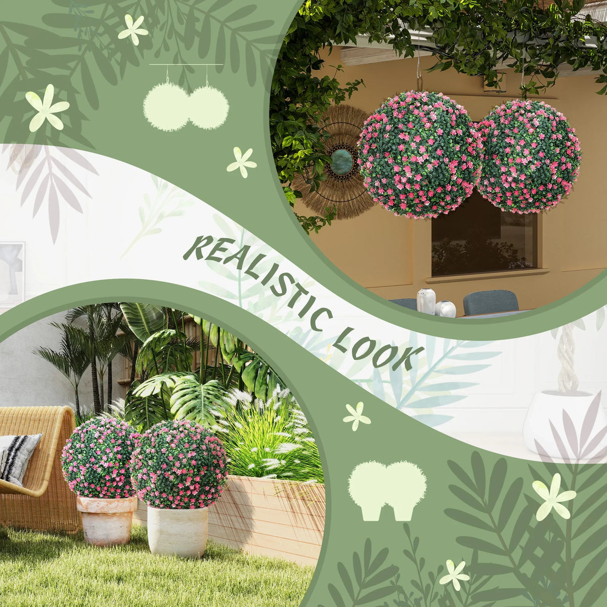 Two pink artificial boxwood topiary balls on black bases for outdoor patio decor