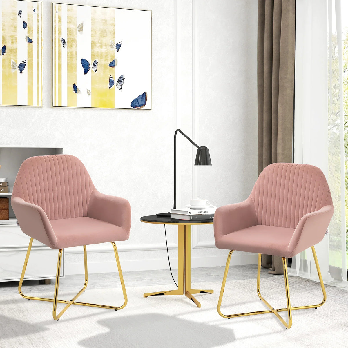 HOMCOM modern armchair set of 2 in dusty pink with channel-tufted backs and gold metal legs