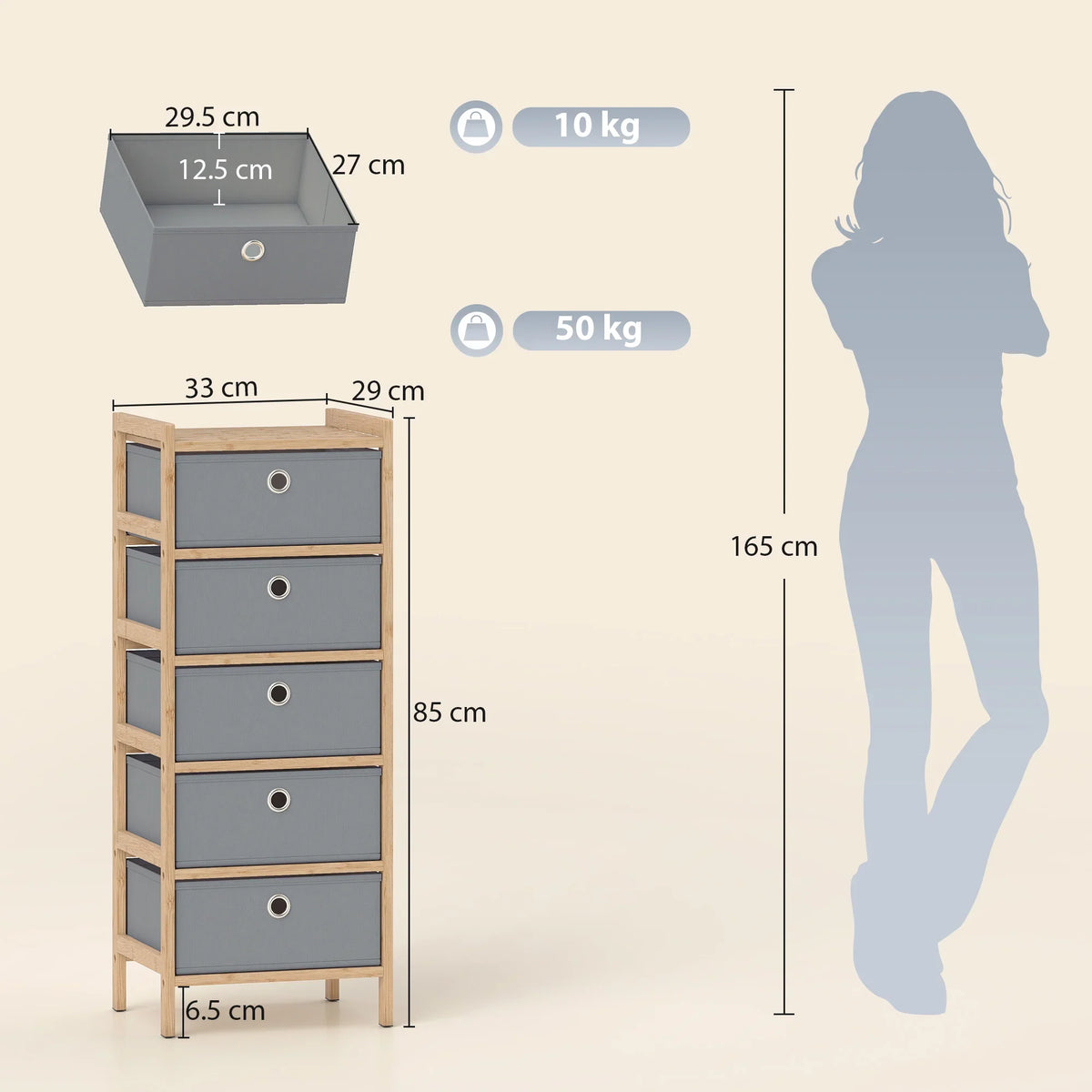 Narrow chest of drawers with five grey fabric drawers, size diagram and silhouette
