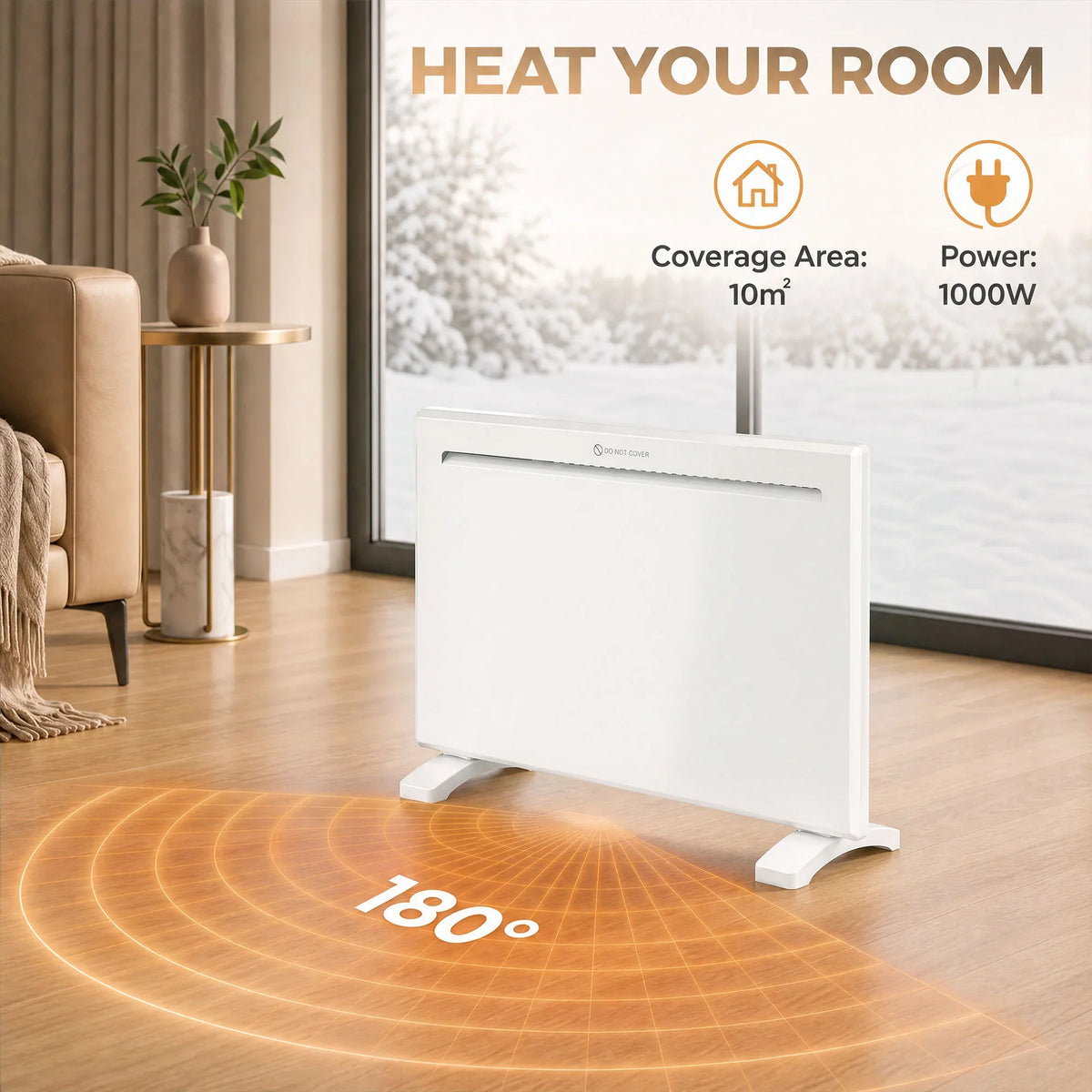 White panel heater on feet with visible warm heat airflow from front
