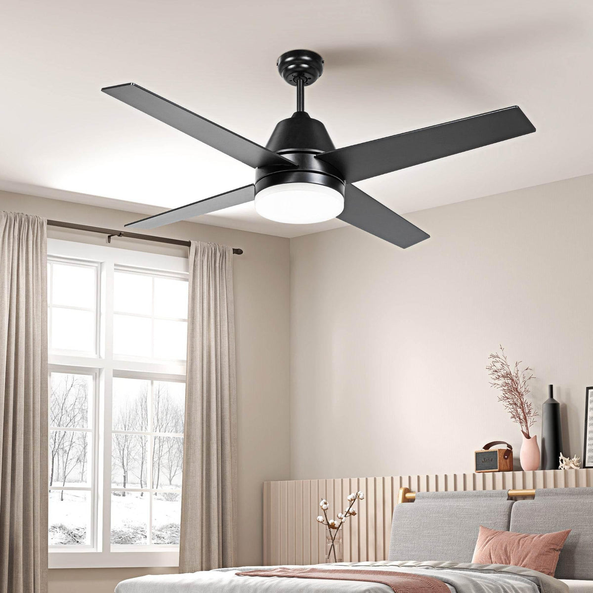 Black 5-blade ceiling fan with LED light and round light housing